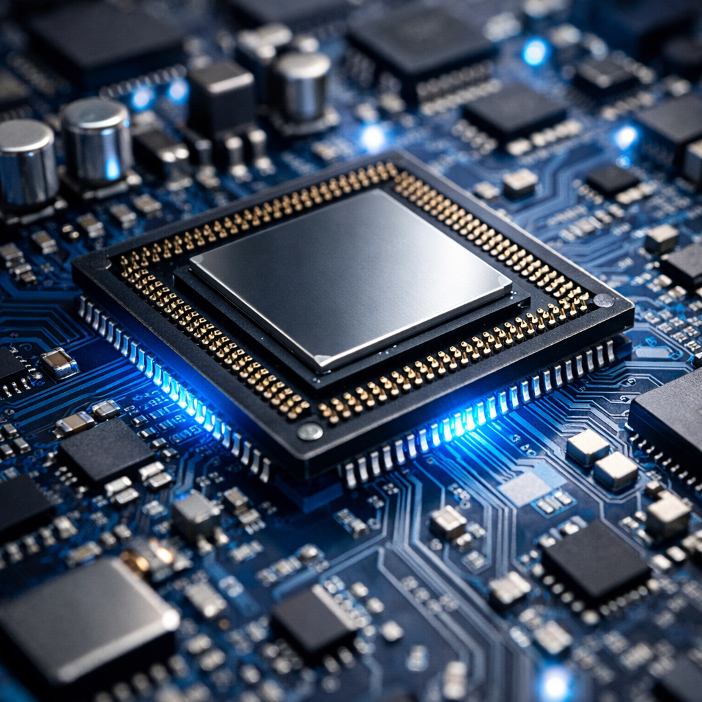 This is an image of a microprocessor chip situated on a circuit board