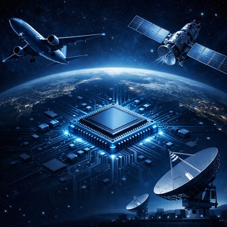 emectronics chip in the middle of a plane a sattelite and a ground satellite communications It is high quality image in dark blue tone we can see the